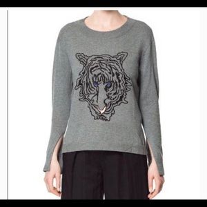 Zara Knit Tiger embroidered grey Crewneck sweater